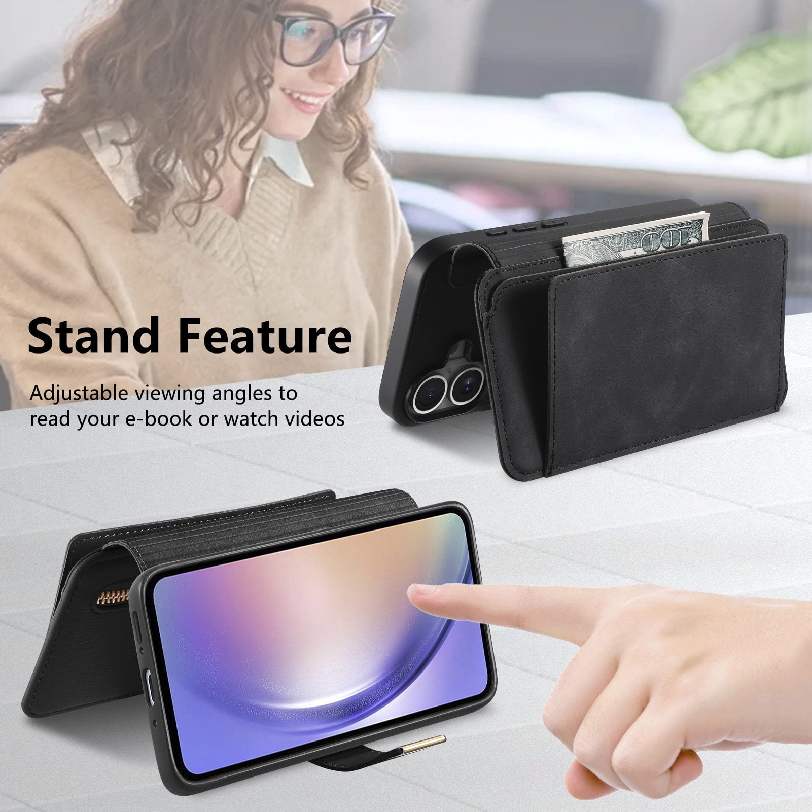 TECH CIRCLE for Galaxy S24 FE 2-in-1 Phone Case 6.7" 2024, Magnetic Back Cover with Removable Flip Wallet Case, with Card Slots/Ring Holder Grip, Compatible with MagSafe, PU Leather Case, Black