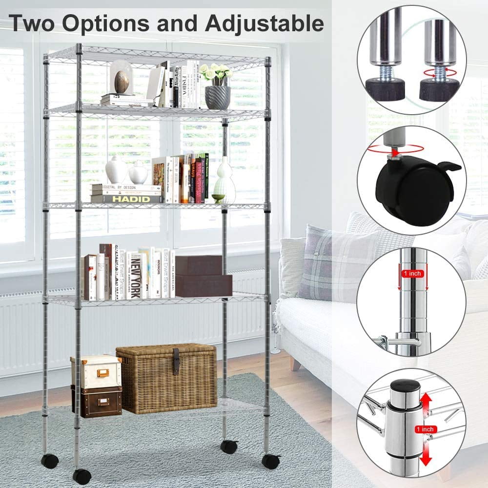 NiamVelo Storage Shelves 5-Tier Wire Shelving Unit with Wheels ,  Adjustable  Metal Shelves Heavy Duty NSF Garage Shelves  750 lbs Capacity (Chrome)