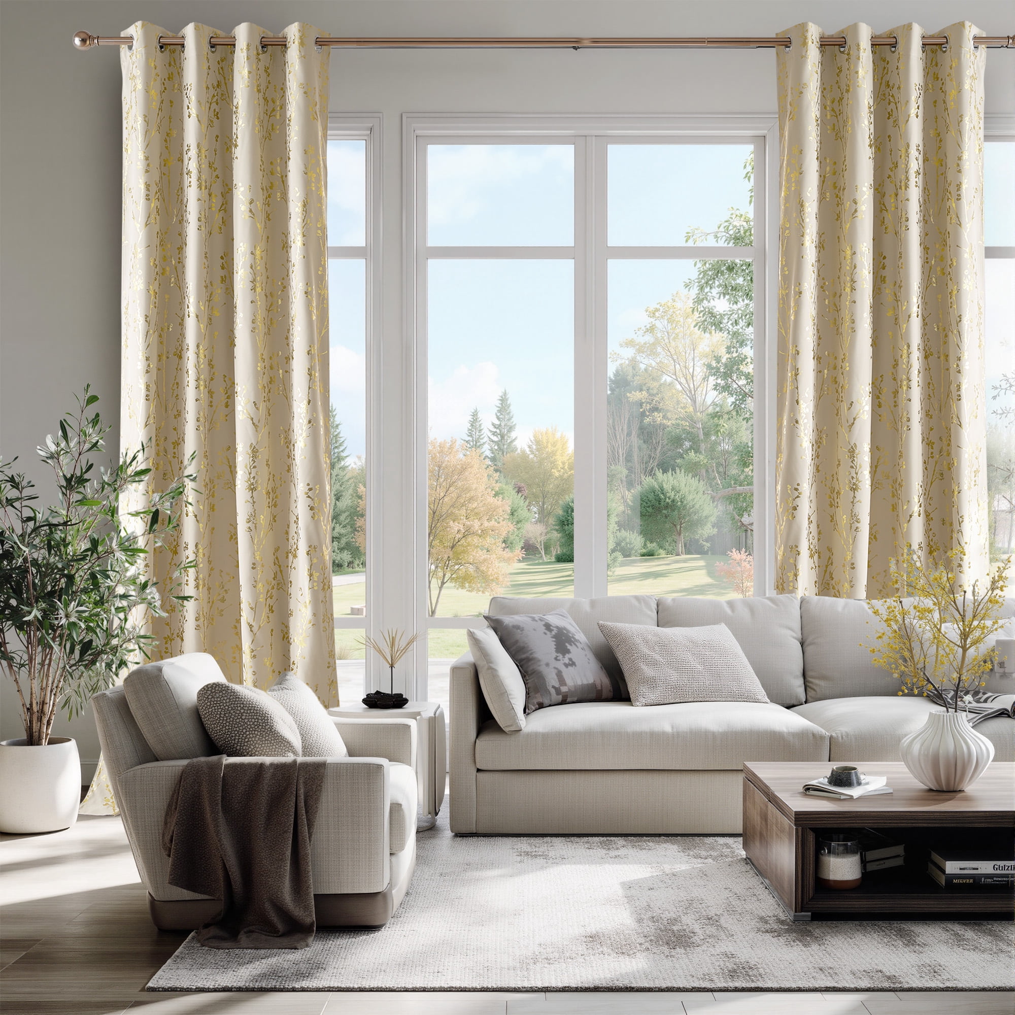 NICETOWN Full Room Darkening Curtains Thermal Insulated Curtains for Living Room Blackout Drapes with Gold Ivory Tree Branch Pattern for Bedroom, Grommet Top, 52W x 63L Inch, Set of 2, Beige