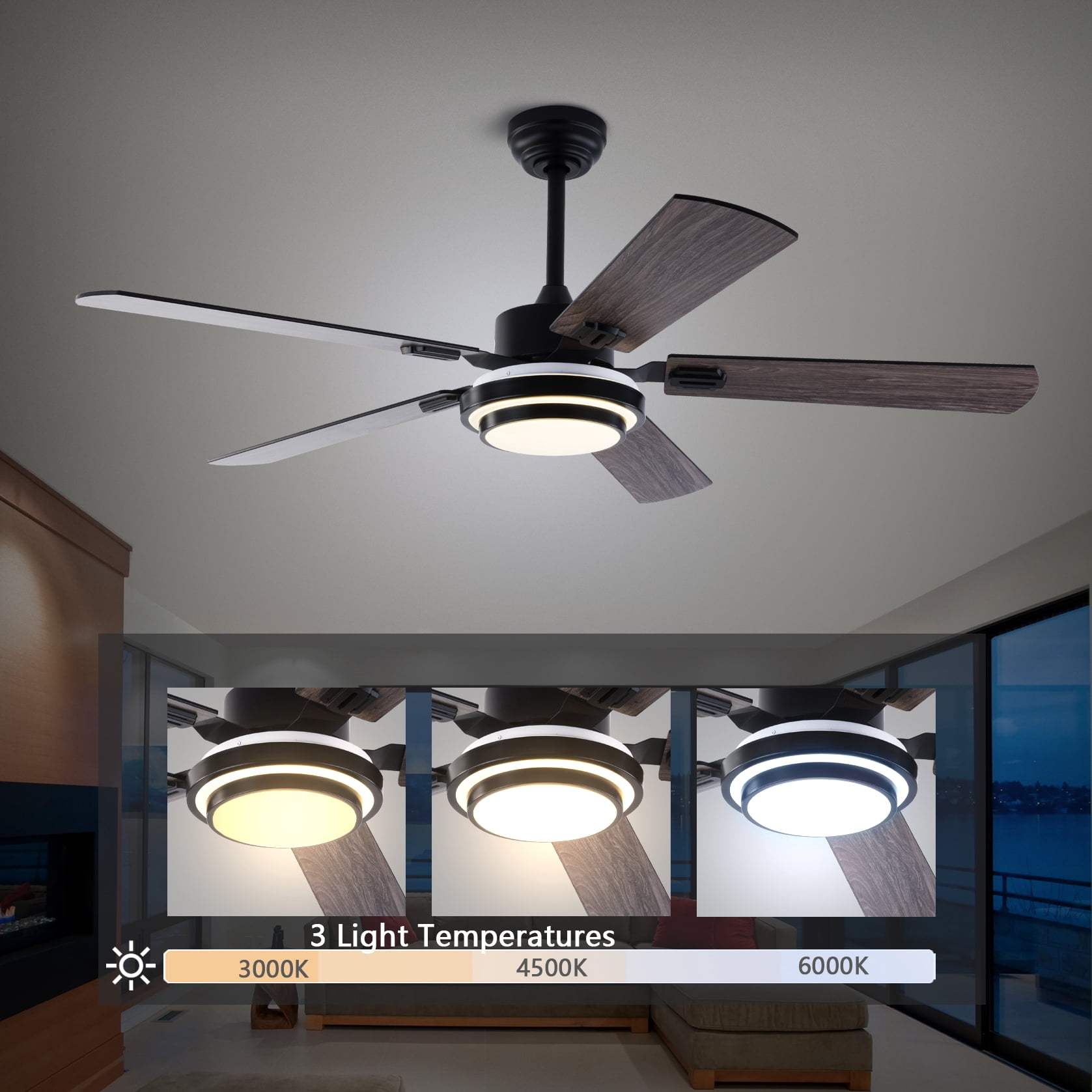 Mintazer 52 in Ceiling Fan with LED Light, Modern Ceiling Fan with Remote Control for Bedroom Living Room Indoor Outdoor, Black
