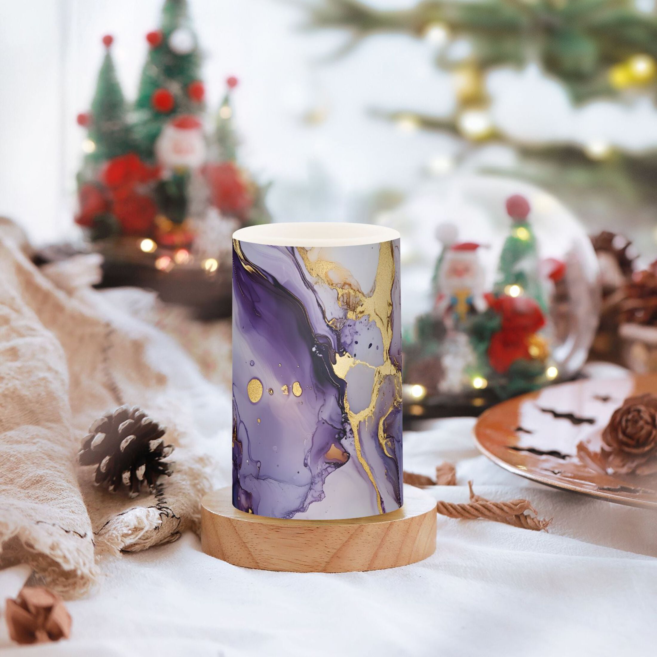 Purple Golden Marble Pattern Flickering Flameless Candles Battery Operated with Remote Timer LED Pillar Candles Set of 2