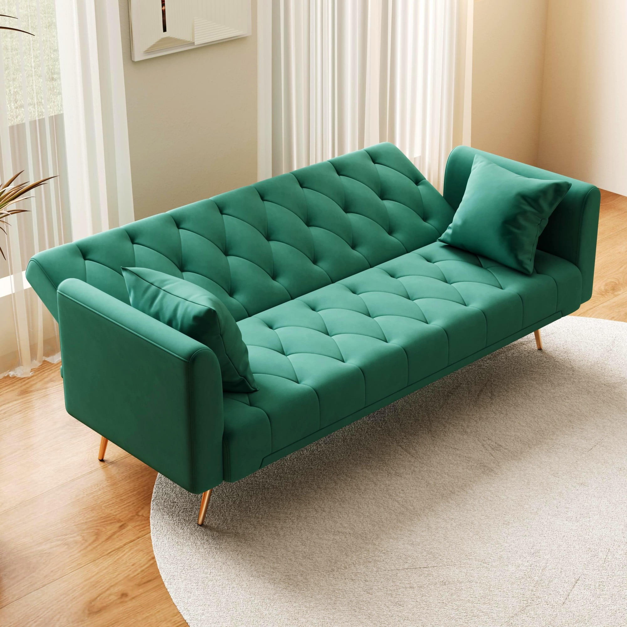 Jopath Velvet Futon Sofa Bed,Convertible Sleeper Couchwith Adjustable Backres & 2 Pillows for Small Spaces,Living Room,Green02