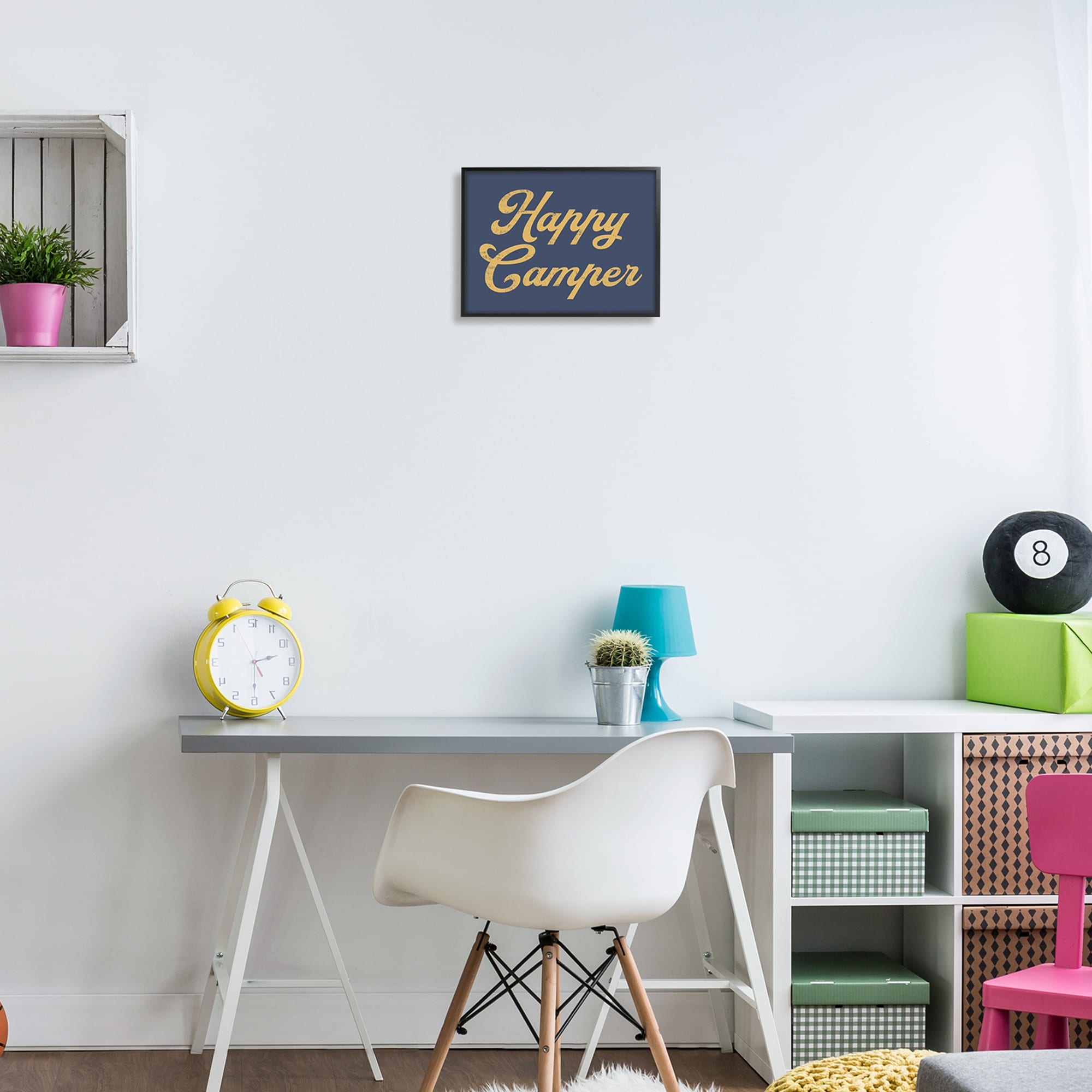 Stupell Industries Happy Camper Vintage Script Phrase Yellow Accent Framed Wall Art, 14 x 11, Design by Lil' Rue