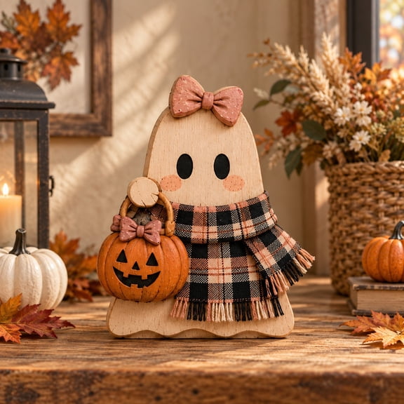 3-Layer Halloween Ghost Wooden Stand, Plaid Pumpkin Tabletop Decoration for Fall Hosts