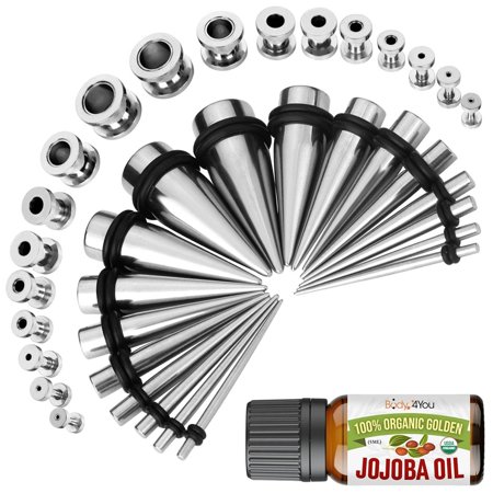 BodyJ4You 37PC Ear Stretching Kit - 14G-00G Beginner Gauges - Aftercare Jojoba Oil - Surgical Steel Tapers Screw Fit Tunnels Plugs - Stretchers Expanders Eyelets