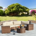 thumbnail image 5 of AVAWING 7PCS Half Moon Patio Rattan Couch Set, Outdoor Wicker Sectional Sofa w/ Glass Table, Beige, 5 of 9