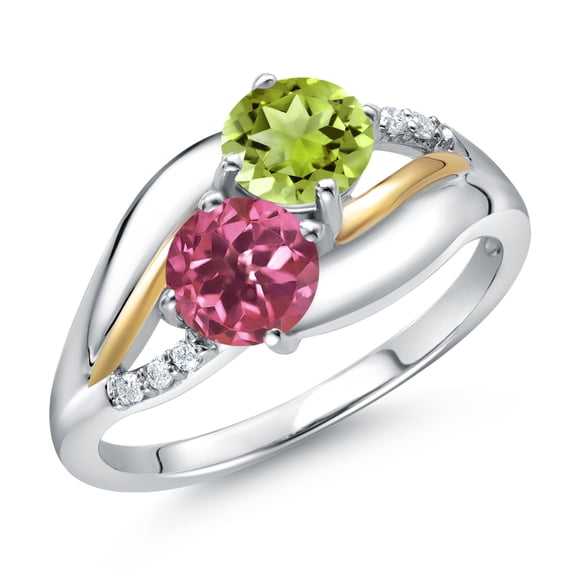 Gem Stone King 925 Sterling Silver and 10K Yellow Gold Pink Tourmaline Green Peridot and Lab Grown Diamond 2 Stone Engagement Ring for Women (1.11 Cttw, Round, October Birthstone, Size 9)