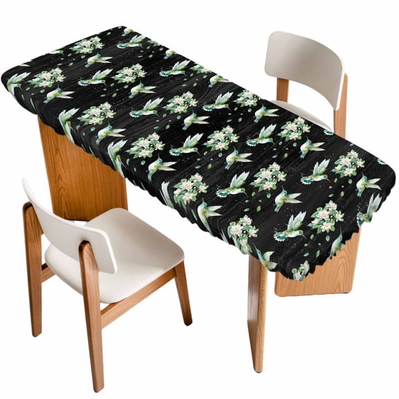 Black Summer Botanical Table Cloths for 8 Foot Rectangle Tables, Green Spring Floral Birds Farmhouse Patio Waterproof Elastic Fitted Tablecloths, Washable Rectangular Table Cover for Camping