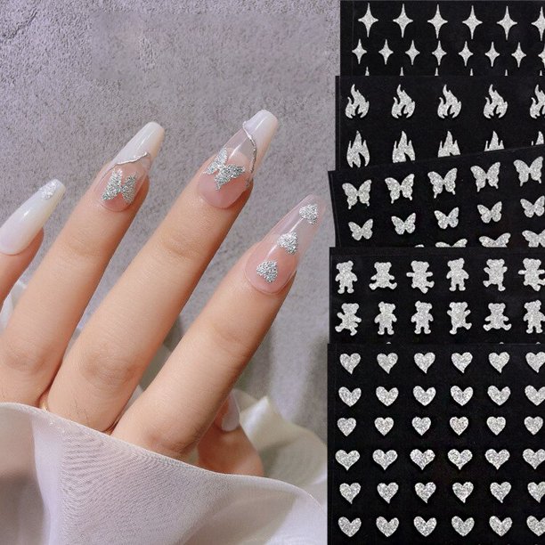 New Reflective Glitter Platinum Star Dance Bear Stickers Broken Flash Butterfly,Fire,Heart 3D Decal Silver Nail Art Sticker03 Flame He Qiyong unisex