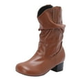 thumbnail image 5 of Western Boots for Women Slouchy Leather Block Heel Round Toe Mid Calf Booties Winter Thickened Warm Casual Retro Long Boots Brown Size 12.5, 5 of 5