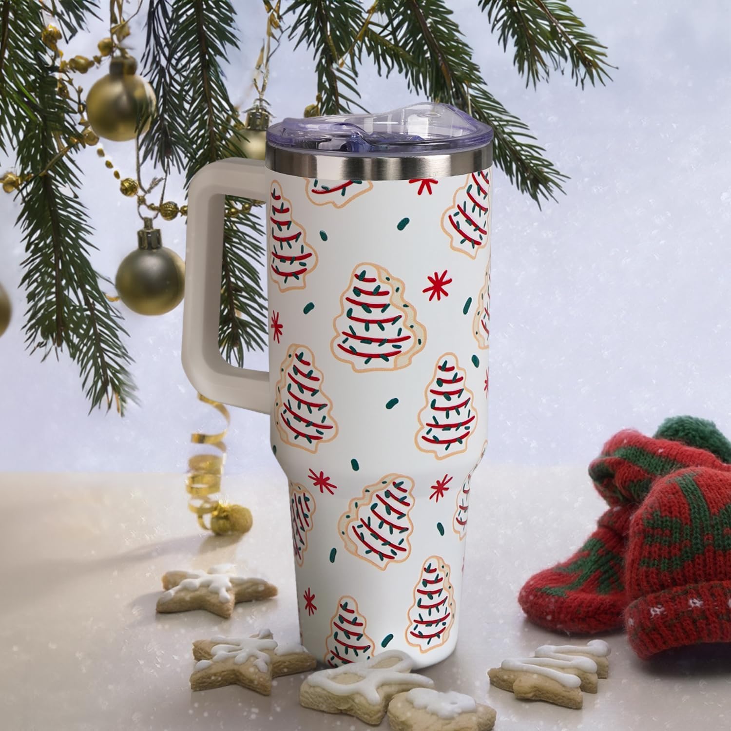 Christmas Cakes Tumbler with Handle and Straw Lid 40 oz,Cute Merry Xmas Tree Cake Gifts for Women Vacuum Insulated Leak Proof Tumbler,Winter Holiday Accessories Stainless Steel Coffee Cup Mug