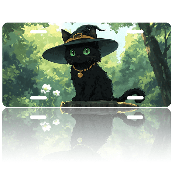 1 Pcs 2D Flat License Plate Covers & Frames, Black Cat in Witch Hat For Decorative Front, Waterproof For Decoration Aluminum License Plate Covers & Frames Cover For Men Women, 12" X 6"