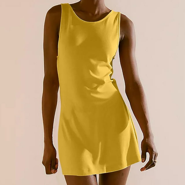 Choix Populaires, Robe d'Été Aguichant Mode pour Femmes Couleur Unie Dos Nu Sans Manches Col Rond, Robe Dos Nu Aguichant, Robe Couleur Unie, Robe Sans Manches Col Rond Choix à la Mode/coton, Jaune
