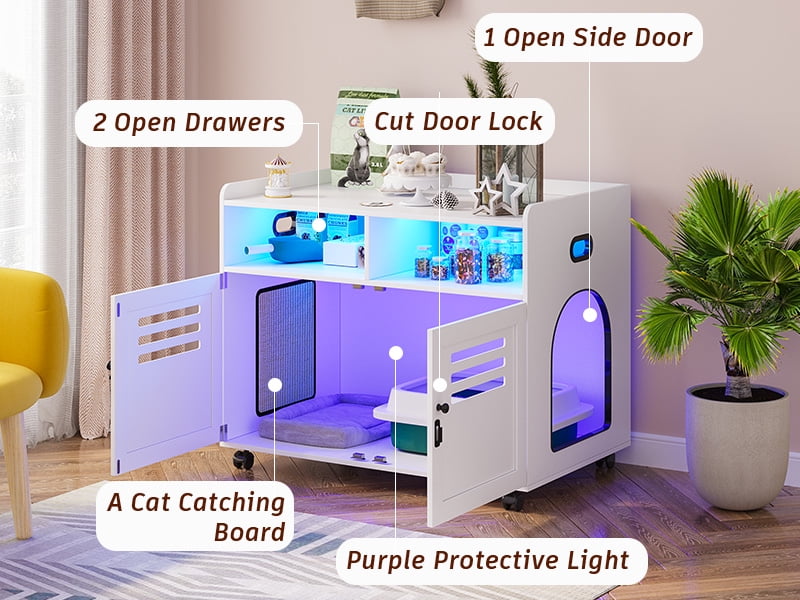 HNEBC Litter Box Enclosures, Litter Box Enclosure Furniture, Hidden Litter Box Furniture, Cat Cage has 2 Open Drawers, Wooden Cat House