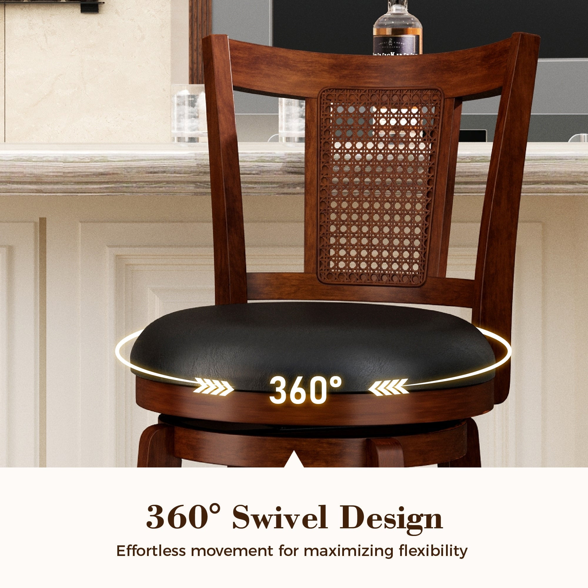 SUMMIT LIVING Wood Swivel Bar Stool Set of 2, Bar Height Kitchen Stool with Back, 30 inch Upholstered Pub Chair, Dark Brown