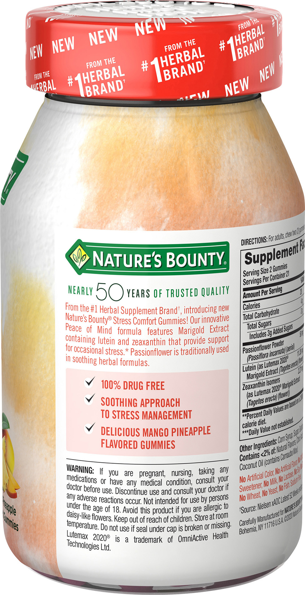 Nature's Bounty Stress Comfort Peace of Mind, Stress Relief Gummies, Mango Pineapple Flavor, 42 Count