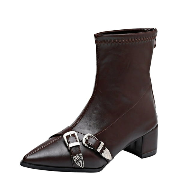 RXMEKW Ankle Boots for Women with Pointed Toe and Buckle Detail, Mid Heel Casual Boots, Faux Leather Short Barrel Boots with Block Heel and Rear Zipper