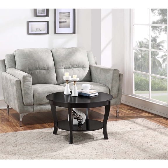 Round Coffee Table with Shelf - Transitional Style Table - 30" Wood Finish - Two Tier Storage