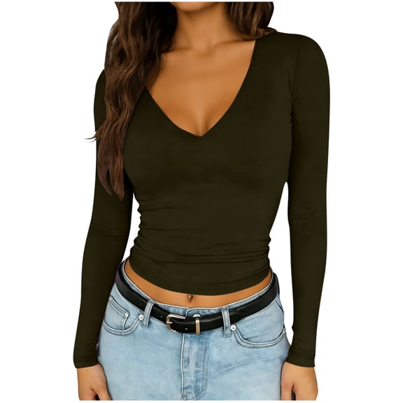 Womens Casual V-Neck Long Sleeve Shirts Going Out Double Lined Crop Tops Slim Fitted Basic Tee