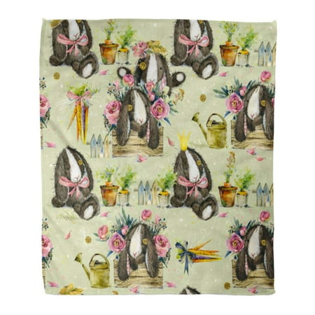 Bunny Rabbit Area Rugs ASHLEIGH 58x80 inch Super Soft Throw Blanket Flower Cute Bunny Watercolor of Toy Rabbit Rose Baby Beautiful Birthday Home Decorative Flannel Velvet Plush Blanket ()