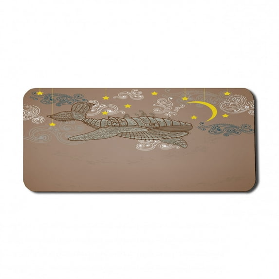 Whale Computer Mouse Pad, Steampunk Mammal Flying in the Air Moons and Stars Hand Drawing, Rectangle Non-Slip Rubber Mousepad X-Large, 35" x 15" Gaming Size, Brown and White, by Ambesonne