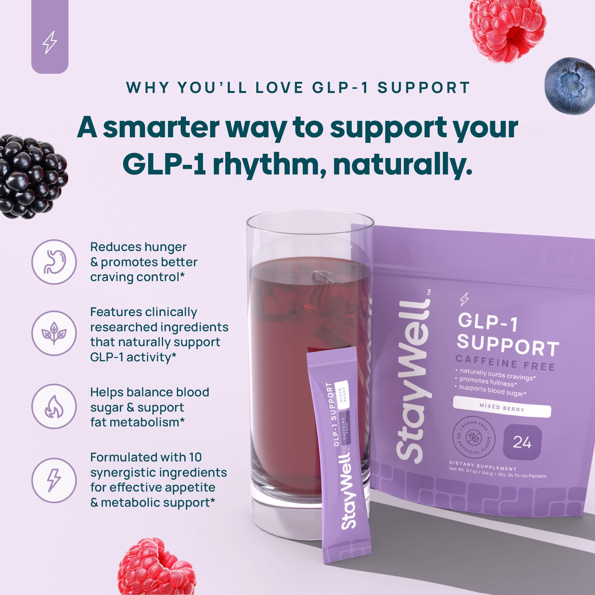 GLP-1 Supplement | GLP 1 Booster Drink Mix to Control Appetite and Cravings | Great Tasting Metabolic Support - Yerba Mate, Garcinia Cambogia, Berberine [Caffeine Free – Mixed Berry]