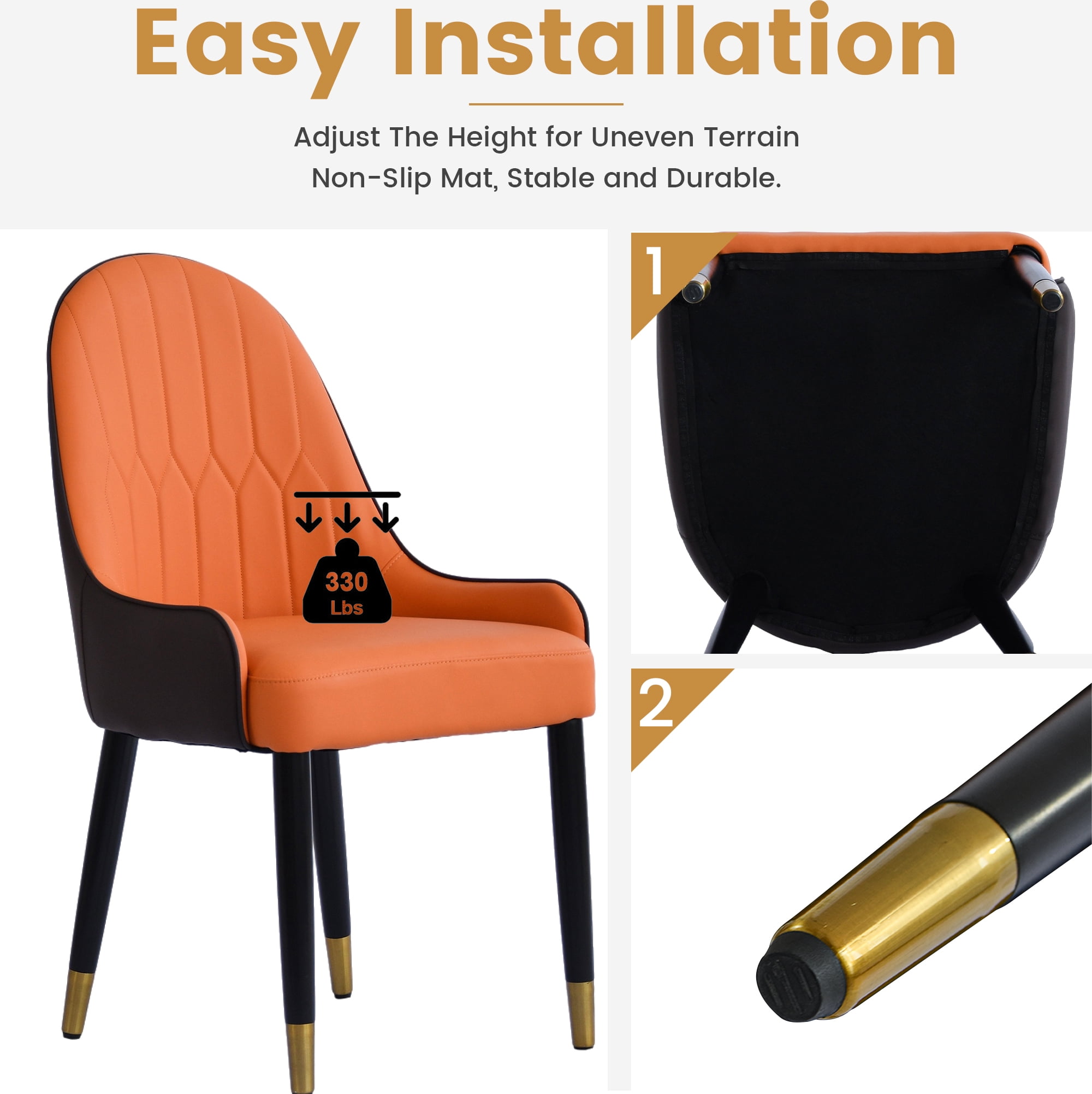 Modern PU Leather Dining Chairs - Set of 2, Orange/Dark Brown, Solid Wood & Metal Legs, Ergonomic Padded Seat, Water/Stain Resistant, Space-Saving Design for Dining Room & Living Room