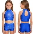 thumbnail image 5 of inhzoy Kids Girls Dance Gymnastics Sparkling Rhinestone Crop Top with V-front Elastic Waistband Shorts Set Royal Blue 10, 5 of 6