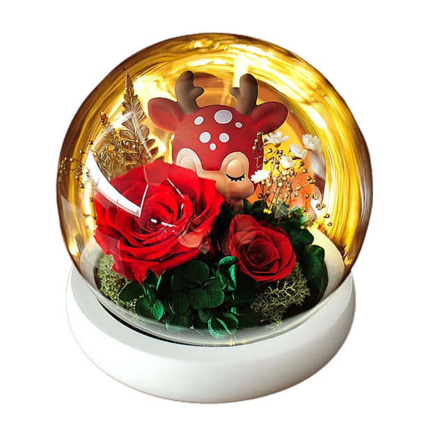 Decoración de flores eternas, cubierta de cristal con muñeco de cervatillo rosa con luz, regalo de cumpleaños, regalo de vacaciones para familiares y amigos