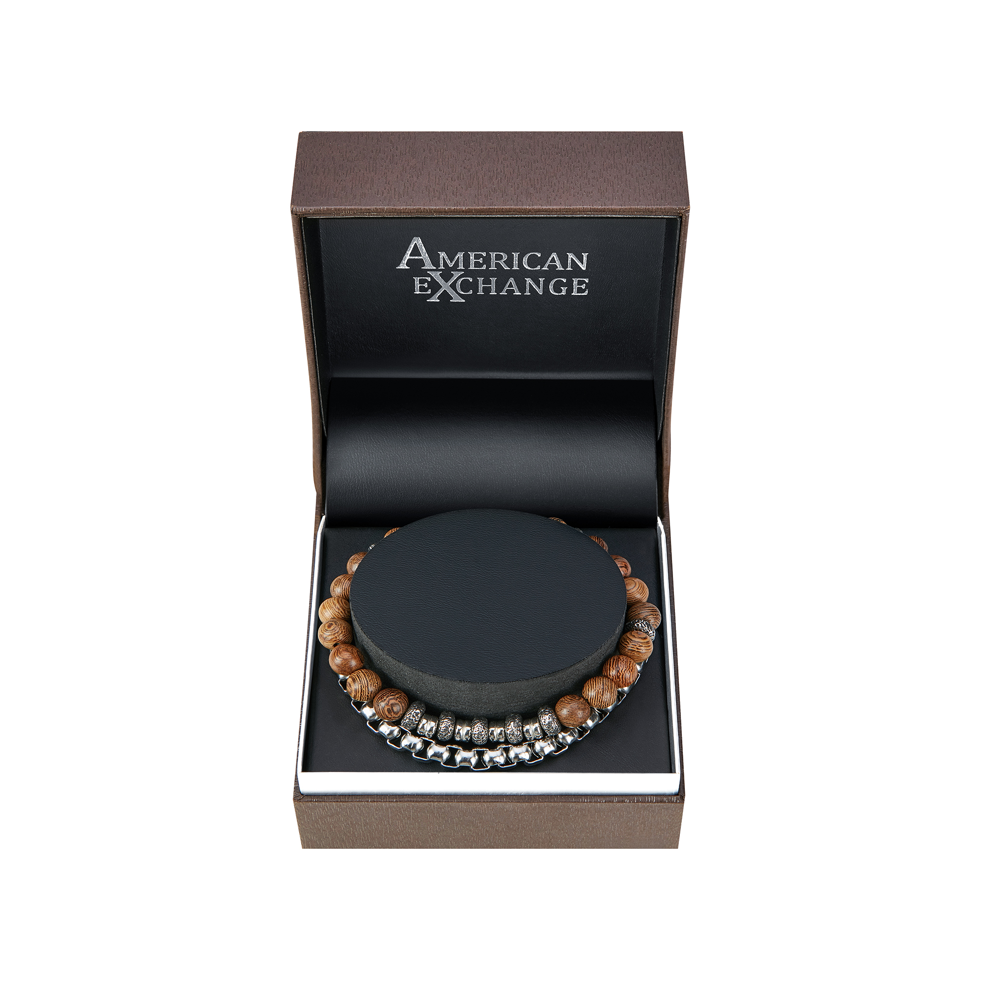 American Exchange 2 Piece Precious Stone & Alloy Silver/Brown Beads Stackable Bracelet for Men