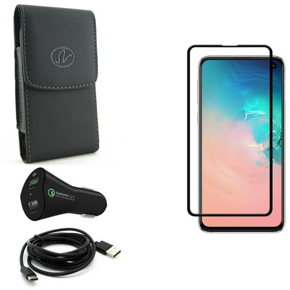 Galaxy S10e Screen Protector w Case Belt Clip w Car Charger - Tempered Glass 5D Curved Edge, Leather Holster Cover, 30W Fast 2-Port USB 6ft Cable for Samsung Galaxy S10e Phone