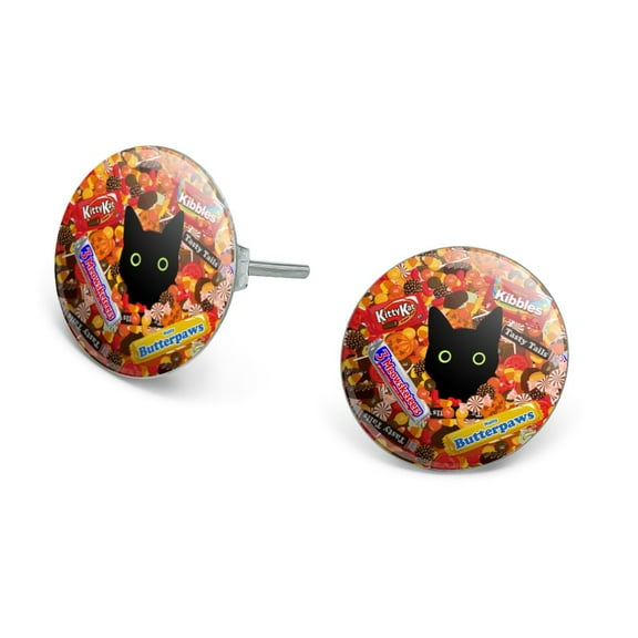 Halloween Black Cat Hiding in Candy  Novelty Silver Plated Stud Earrings