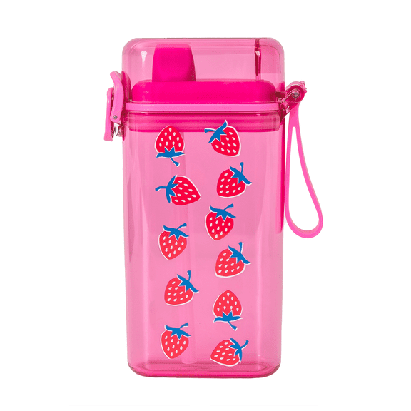 Mainstays 14 oz Sip Bottle with Locking Flip Lid, Straw & Silicone Handle, Pink, Strawberry, Plastic
