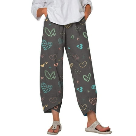 

Dadaria Wide Leg Pants for Women Summer Plus Size Wide Leg Pants For Elastic High Waist Crop Pants Loose Love Heart Print Lounge Trousers Gray S Female