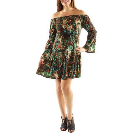 24/7 Comfort Apparel Women's Peacock Party Dress with Drop Waist Style