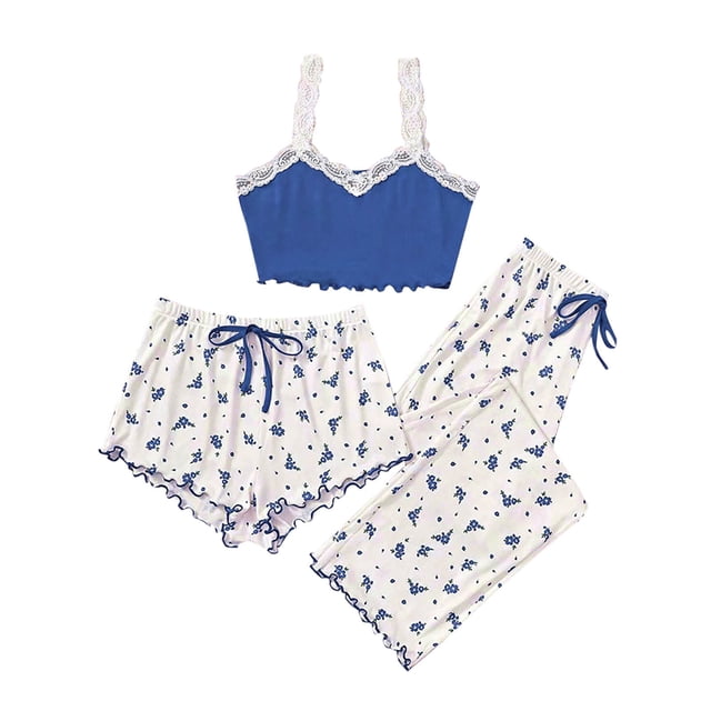 Ensembles de Pyjama pour Femmes, Shorts pour Femmes, Mode Femmes Col Rond Boucle à Nouer Manches Courtes Taille Élastique Lacets Pantalon Imprimé Ensemble de Pyjama Maison
