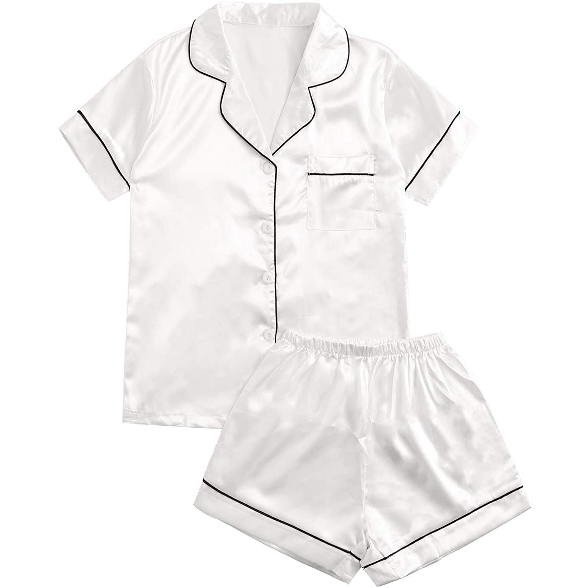 Bqhagfte Women s Short Sleeve Sleepwear Button Down Satin 2 Piece Pajama Set White