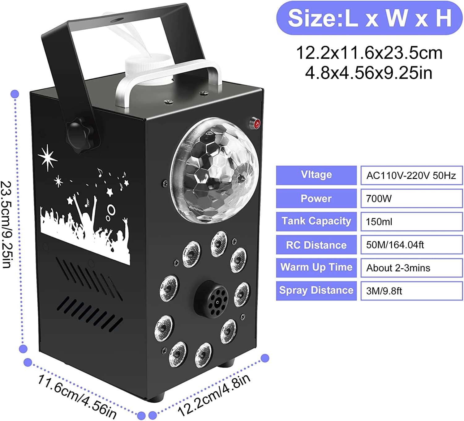 Smoke Fog Machine 700W , Smoke Machine with Disco Ball Lights 9 LED Colorful Light Effect, 3500 CFM Huge Fog with Wireless Remote for Christmas Wedding Party