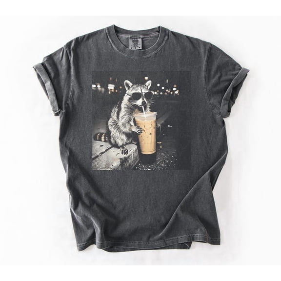 Retro Raccoon Drinking Iced Coffee Shirt | Funny Animal Meme Tee | Coffee Lover Raccoon Shirt | Unisex Graphic T Shirt