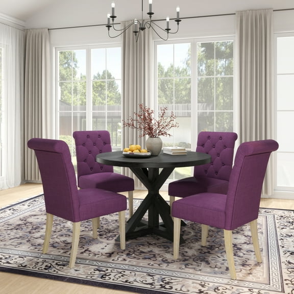 Miekor Furniture Banff 5-piece Dining Set, Cross-Buck Round Table with 4 Tufted Chairs, Purple 0225