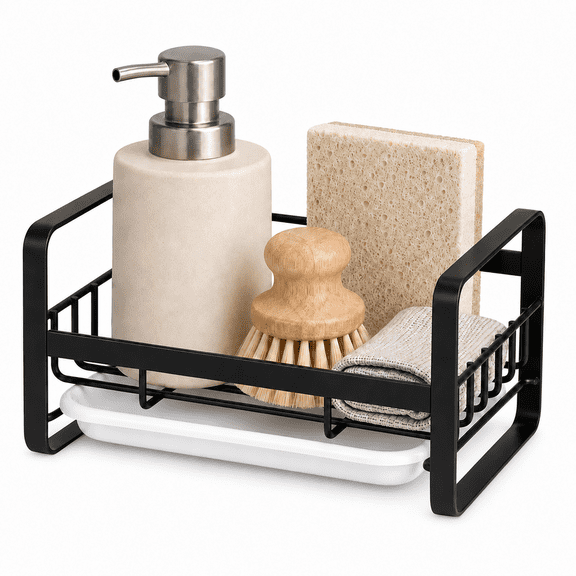 RYLZX Kitchen Sink Sponge Holder, 304 Stainless Steel Black Kitchen Soap Dispenser Caddy Organizer, Countertop Soap Dish Rack Drainer with Removable Drain Tray, not Including Dispenser and Brush