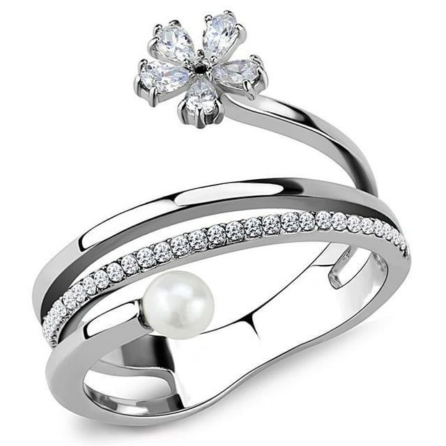Alamode DA059-9 Bague en Acier Inoxydable Poli avec Synthétique pour Femme en Blanc - Taille 9