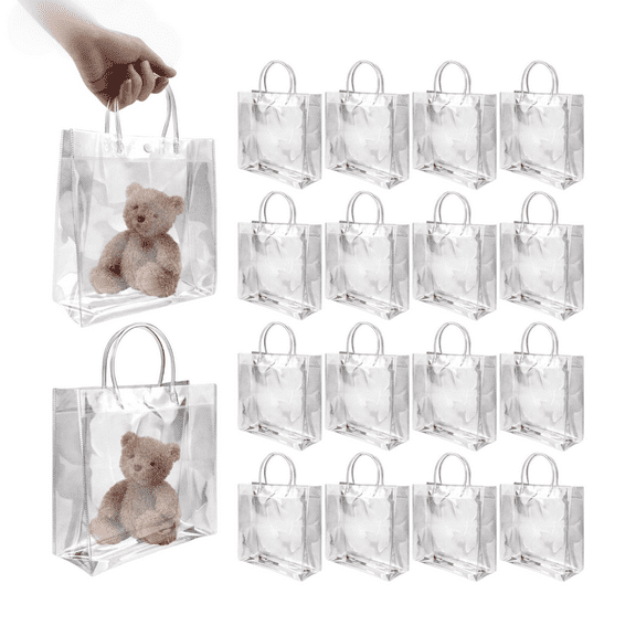 16-Pack Clear Gift Bags with Handles, 7.9" x 7.9" x 3.2" Inch Reusable PVC Party Favor Totes Bags for Wedding Birthday Gifts, Transparent Bulk Favor Bags