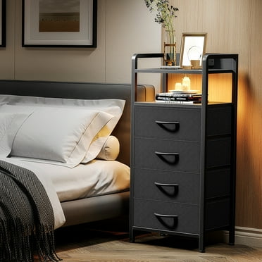 Bestco Modern LED Nightstand with 2 Drawers Bedside Table with Charging Station Black