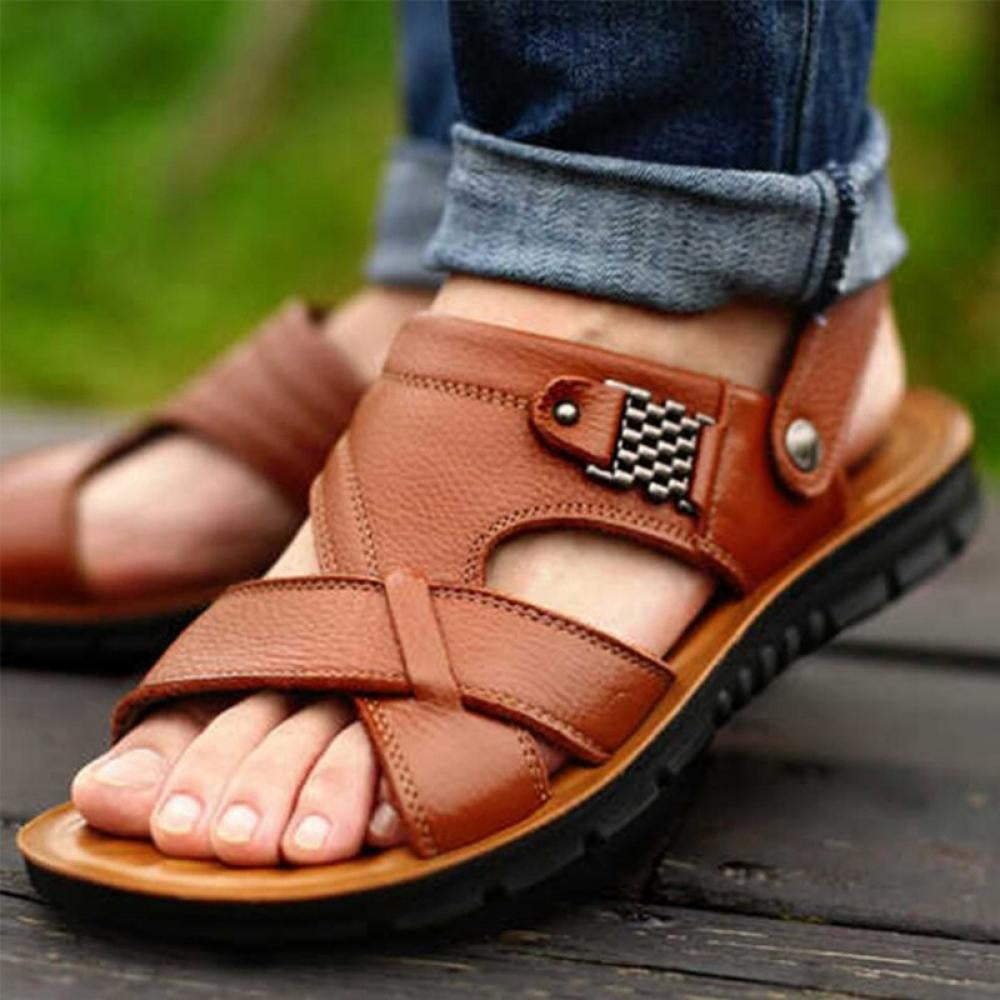 Men's Casual Open Toe Leather Handmade Sandals Adjustable Fisherman ...