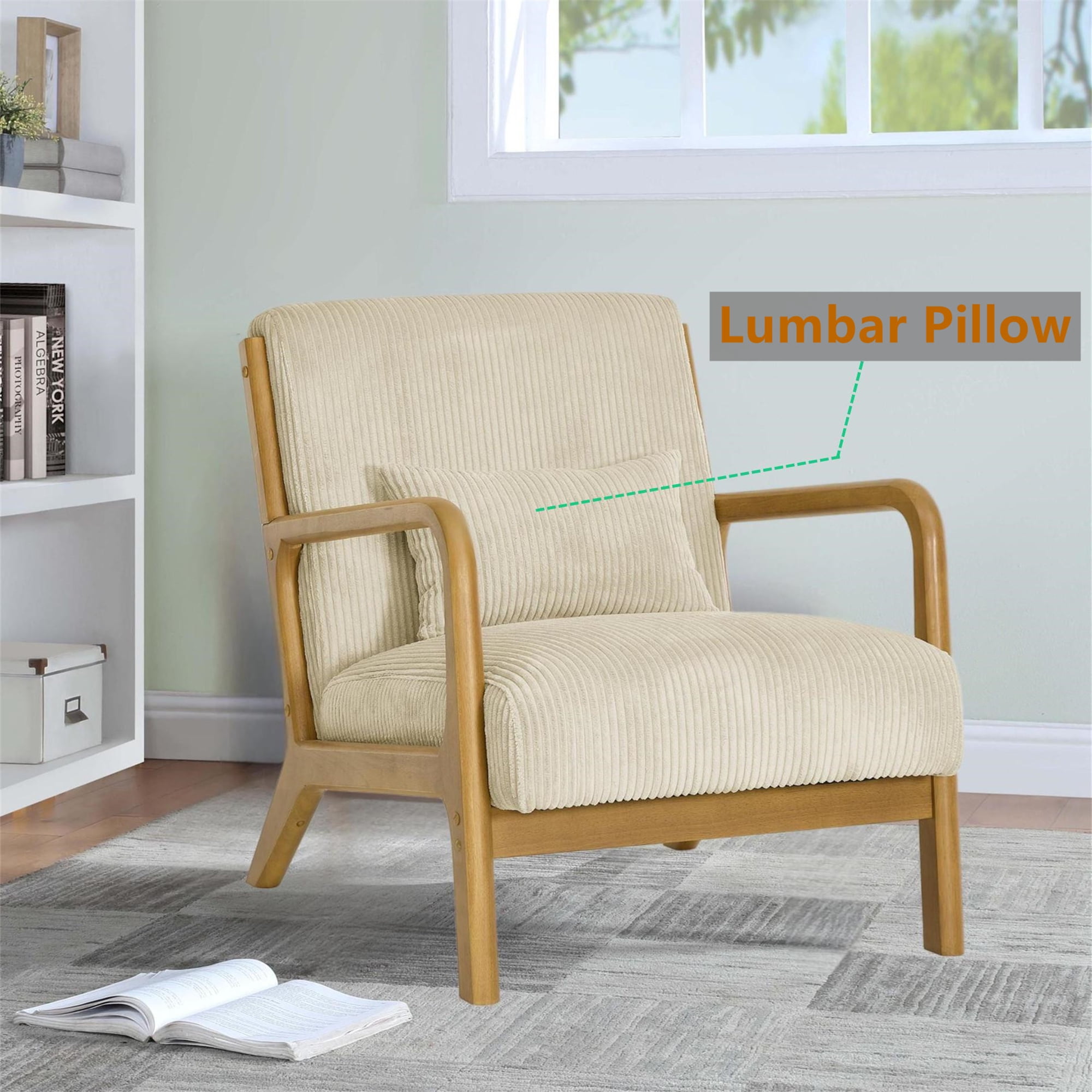 Aukfa Corduroy Mid Century Modern Accent Chair w/ Wood Frame&Pillow for Living Room, Khaki