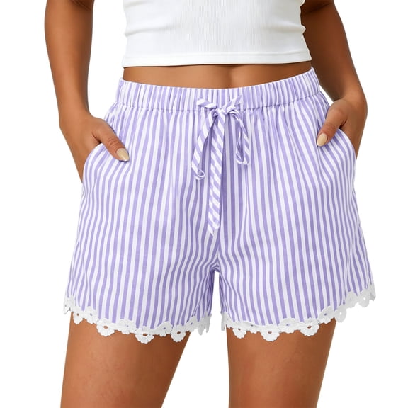 Admvng Womens Striped Loungewear Shorts Lace Trim with Drawstring Waist Sleep Everyday Wear