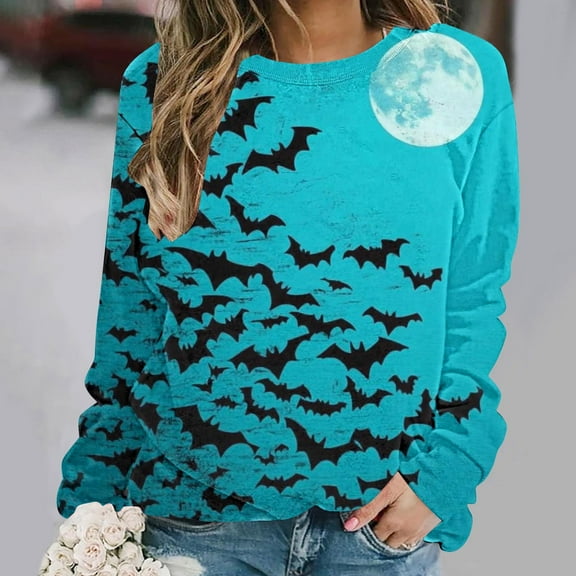VKOYWKM Women's Halloween Sweatshirts Bat Graphic Sweatshirt Party Tops Fall Long Sleeve Crewneck Sweatshirts Vintage Halloween Sweatshirt