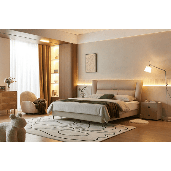 Mofit Home, Barry Leather Modern Platform Bed - Luxurious Bedroom Furniture with Upholstered Headboard, King Size, and Easy Assembly - Classic Beige Color.