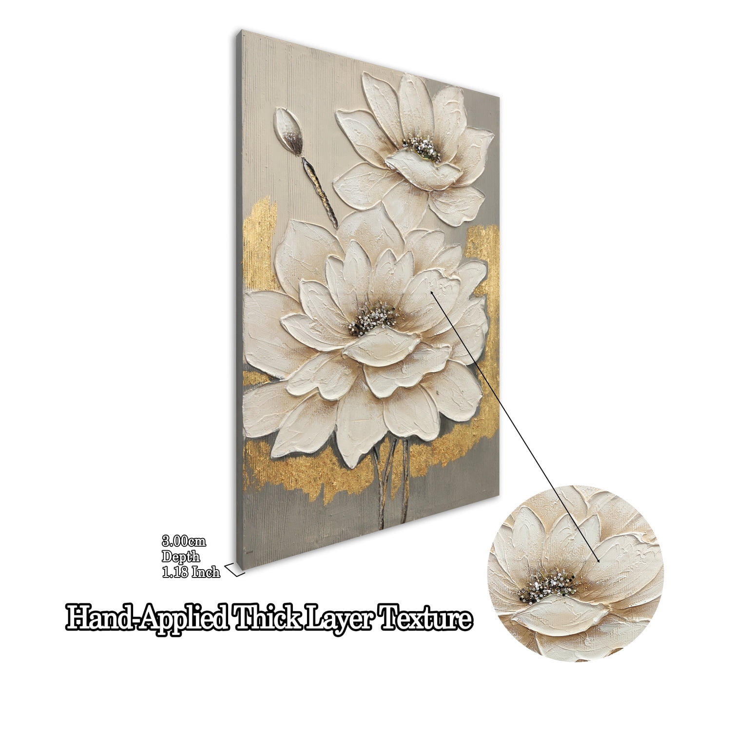 Euroco Framed Wall Art White Lotus Flower Texture Painting,Flower Canvas Wall Art Modern Grace Abstract Flowers Artwork with Neutral Decor for Living Room Bedroom,24x36in